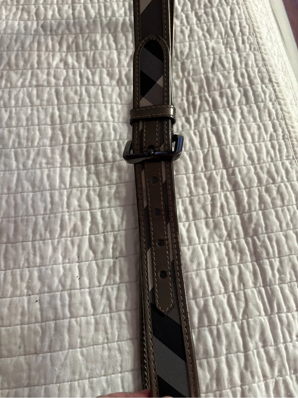 Burberry Gun Metal Beat Check Coated Canvas Patent Leather Buckle Belt 90 CM L